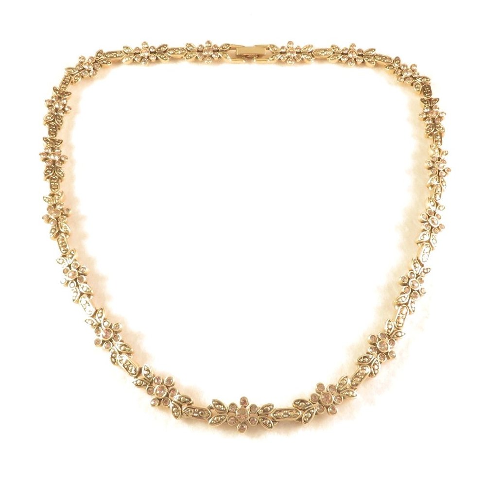 Flowered Amber Rhinestone 16" Necklace with Dot & Leaf Motif